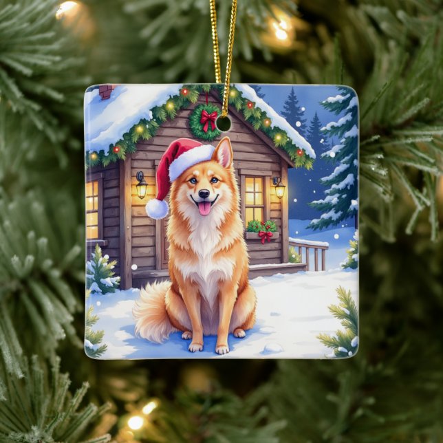 Adorno De Cerámica Finnish Spitz Snowy Cabin Santa Hat Christmas Art (Árbol)