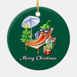Adorno De Cerámica Fir Green Round Merry Christmas Chili
