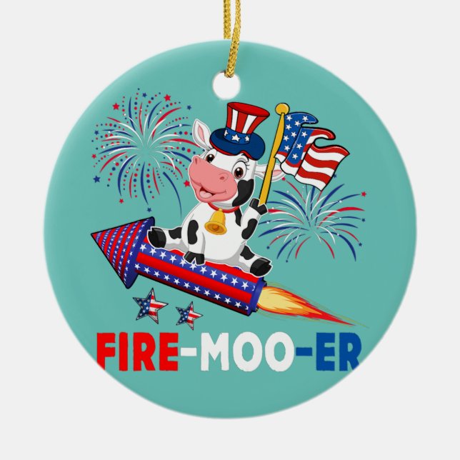 Adorno De Cerámica Fire Moo Er Cow Riding Firecracker Bandera Estadou (Frente)