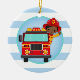 Adorno De Cerámica Firefighter Fire Truck African American Boy