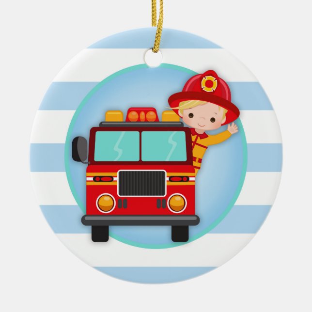 Adorno De Cerámica Firefighter Fire Truck Blonde Hair Boy (Frente)