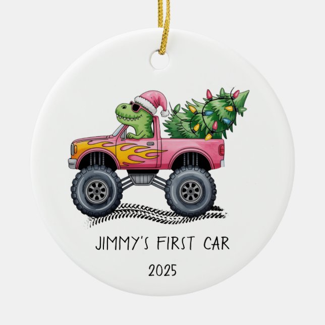 Adorno De Cerámica First Car Personalized Dinosaur Monster Truck (Frente)