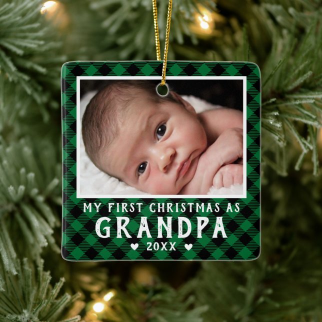 Adorno De Cerámica First Christmas as Grandpa Baby Photo Plaid (Árbol)