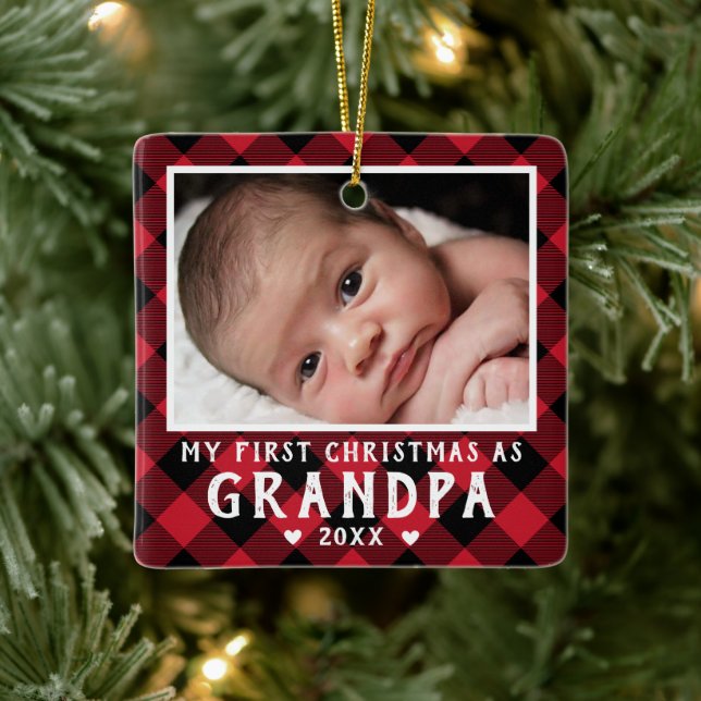 Adorno De Cerámica First Christmas as Grandpa Baby Photo Plaid (Árbol)