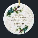 Adorno De Cerámica First Christmas as Mr & Mrs Winter Inspirational<br><div class="desc">Elegant "Our First Christmas as Mr & Mrs" personalized Wedding ceramic ornament depicts simple watercolor evergreen branches adorned with holly leaves,  red berries and gold splashes. The back features inspirational quote,  "Two lives united in friendship,  Two friends united in love,  One love united in Christ."-</div>