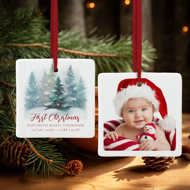 Adorno De Cerámica First Christmas Baby Name Snowy Woodland Photo  (baby first christmas ornament enchanted forest winter wonderland photo template red calligraphy)