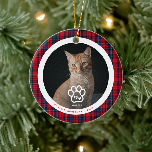 Adorno De Cerámica First Christmas Cat Photo Monogram Name Tartan (Árbol)