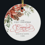 Adorno De Cerámica First Christmas Engaged Pre Wedding Poinsettia<br><div class="desc">This vintage inspired Christmas ornament features gorgeous watercolor illustration of holiday greenery and vibrant poinsettia. The text fields are fully editable except for the word "Engaged". Simply remove this word by clicking the delete button and add your own text if you require a different word.</div>