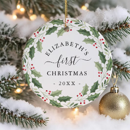 Adorno De Cerámica First Christmas Floral Greenery Wreath