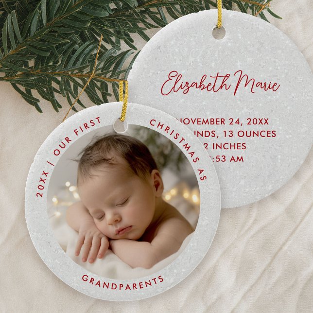 Adorno De Cerámica First Christmas Grandparents Minimal Red Photo (first christmas grandparents photo ornament gift modern simple minimal typography white red)