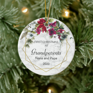 Adorno De Cerámica First Christmas Grandparents Poinsettia Pine Photo