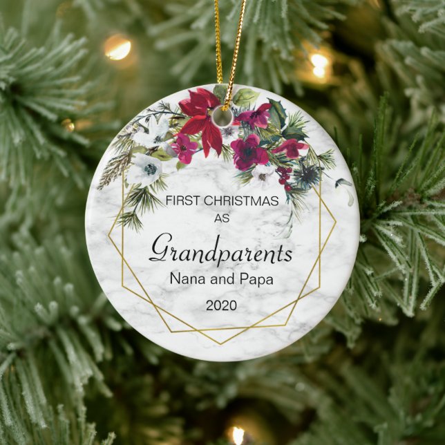 Adorno De Cerámica First Christmas Grandparents Poinsettia Pine Photo (Árbol)