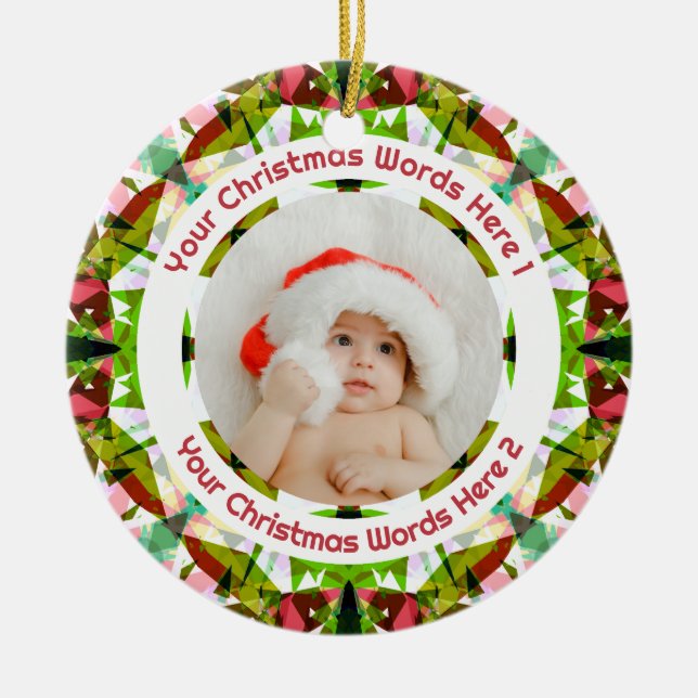 Adorno De Cerámica First Christmas Green Pink Photo Baby Keepsake (Frente)