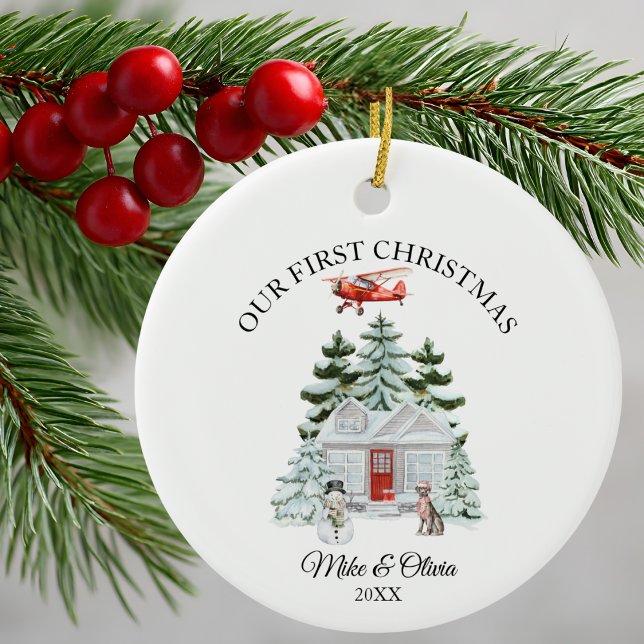 Adorno De Cerámica First Christmas New Home Airplane House Dog Custom (Subido por el creador)