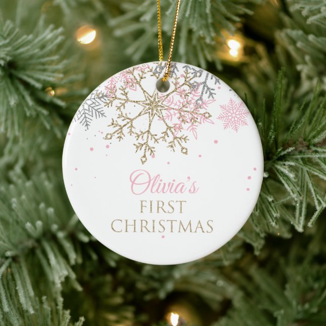 Adorno De Cerámica First Christmas Pink and Gold Glitter Snowflake (Árbol)