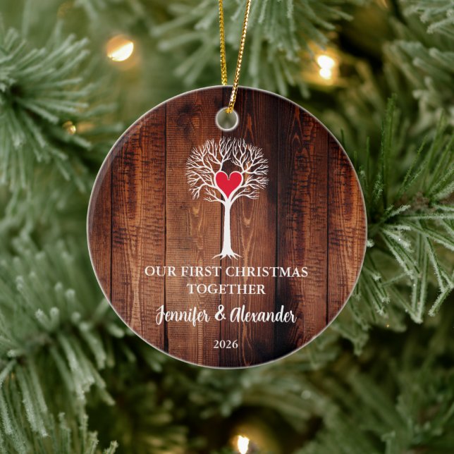 Adorno De Cerámica First Christmas together love tree wood photo (Árbol)