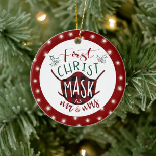 Adorno De Cerámica First ChristMASK como Mr. y Mrs. Buffalo Check Pho