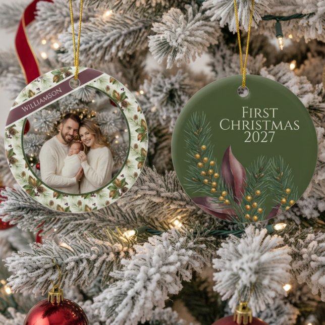 Adorno De Cerámica First Holiday Keepsake (Personalized First Christmas photo ornament)
