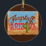 Adorno De Cerámica Flagstaff Ornament Arizona Desert Vintage<br><div class="desc">Flagstaff Arizona diseño de viajes neo vintage en divertido estilo retro personalizado con el desierto,  un cactus y rocas. Azul,  marrón y rojo con cactus verde.</div>