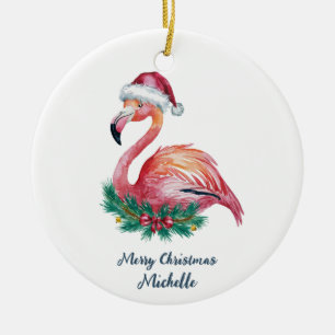 Adorno De Cerámica Flamenco Rosa Navidad Feliz Personalizado