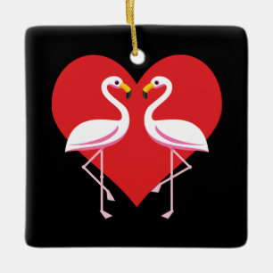 Adorno De Cerámica Flamencos blancos rosados con corazón rojo