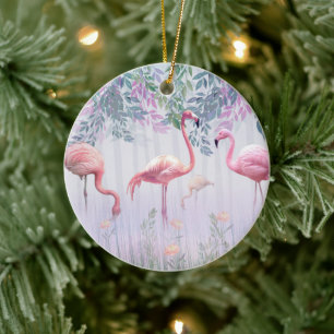 Adorno De Cerámica Flamencos rosados de la familia Tropical Cute