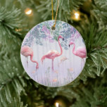 Adorno De Cerámica Flamencos rosados de la familia Tropical Cute<br><div class="desc">Un elegante flamenco rojo pintado. El flamingo está parado en el agua con un magnífico plumaje rojo. El fondo está decorado con bonitas acuarelas.

Puede cambiar el color del texto y el estilo de letra utilizando la opción personalizar it más adelante</div>
