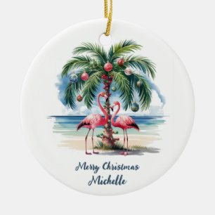 Adorno De Cerámica Flamencos rosados de Navidad Palmeras Personalizad