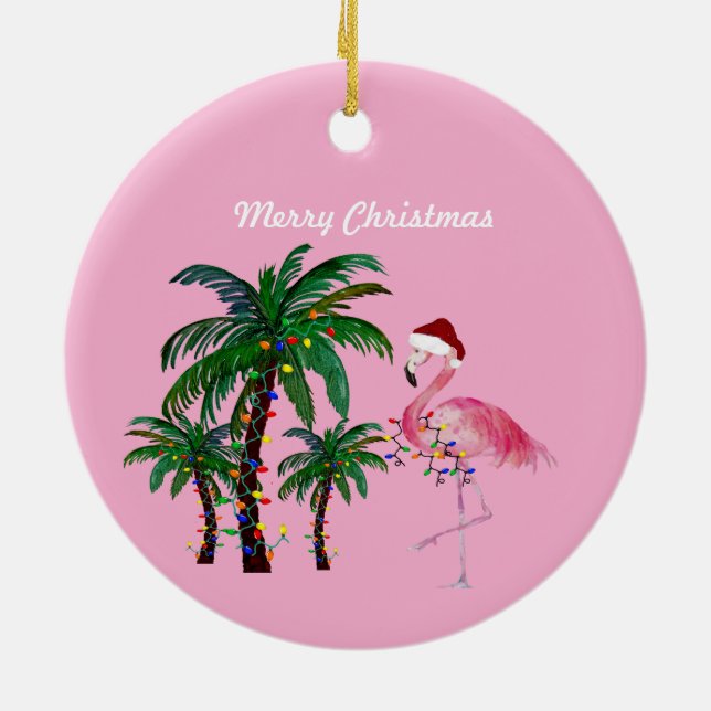 Adorno De Cerámica Flamingo and palm tree Christmas Ornament (Atrás)