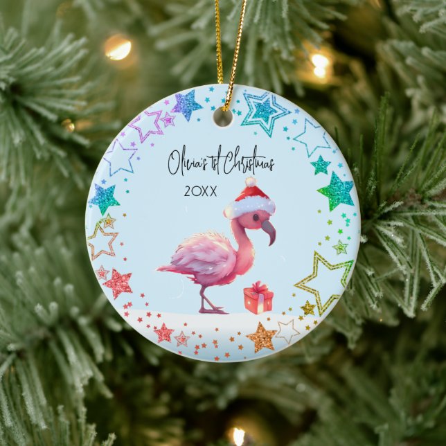 Adorno De Cerámica Flamingo de bebé personalizado, primera Navidad de (Árbol)