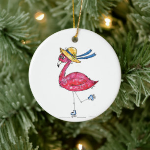 Adorno De Cerámica Flamingo rosa dulce y caprichoso en los patines
