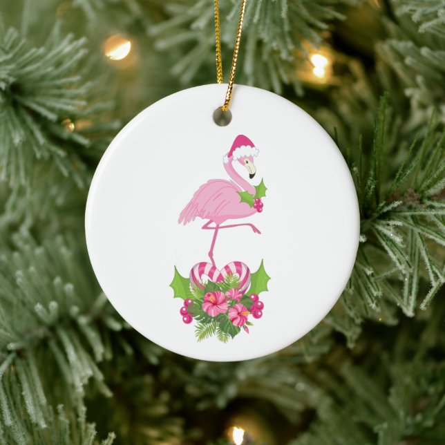 Adorno De Cerámica Flamingo rosa en Santa Hat Navidades caprichosos (Árbol)