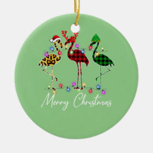 Adorno De Cerámica Flamingo Santa Hat Reindeo Buffalo Plaid Flamingo