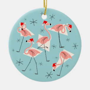 Adorno De Cerámica Flamingo Santas Blue Merry Christmas round