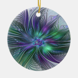 Adorno De Cerámica Flor Abstracta Moderna Fractal Verde Púrpura