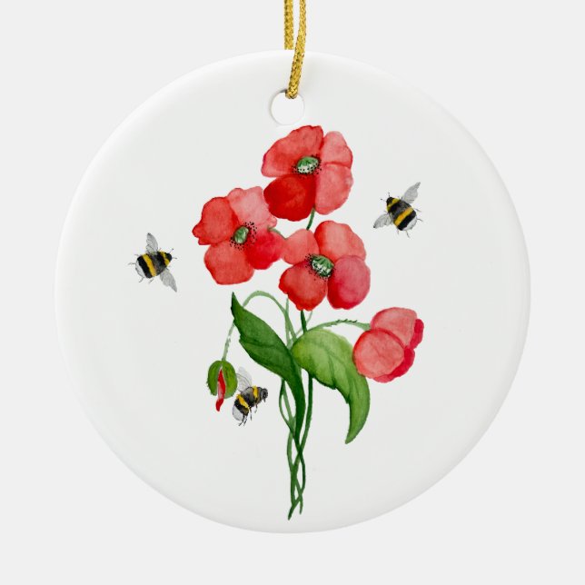 Adorno De Cerámica Flor de adormidera escarlata y abejorros (Frente)