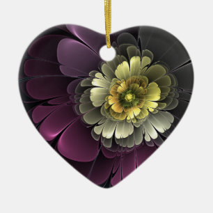 Adorno De Cerámica Flor de corazón fractal gris caqui púrpura abstrac