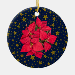 Adorno De Cerámica Flor de Navidades rojos, estrellas doradas brillan