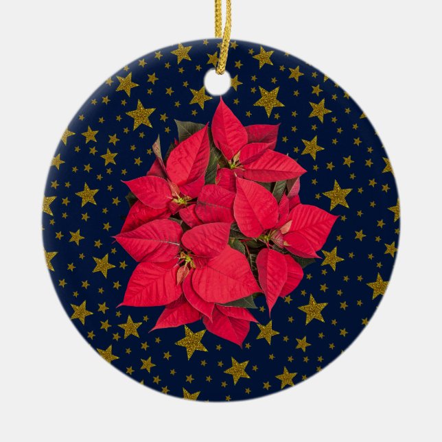 Adorno De Cerámica Flor de Navidades rojos, estrellas doradas brillan (Frente)