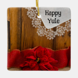 Adorno De Cerámica Flor de poinsettia rusa y Yule feliz de cinta roja