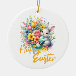 Adorno De Cerámica Flor feliz de primavera de Pascua con lindo coneji