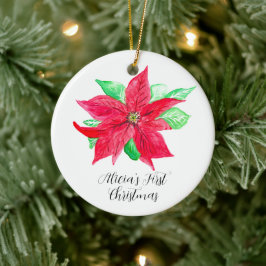 Adorno De Cerámica Flor floral roja de Poinsettia Primera Navidad