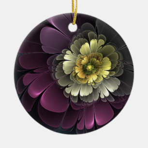 Adorno De Cerámica Flor Fractal Gris Purpura Moderna Abstracta