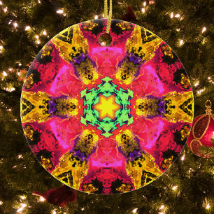 Adorno De Cerámica Flor hippie psicodélica rosa amarillo y verde