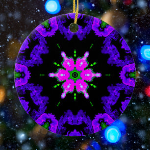 Adorno De Cerámica Flor hippie psicodélica rosa morado y verde