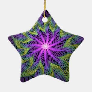 Adorno De Cerámica Flor moderna abstracta arte fractal verde púrpura
