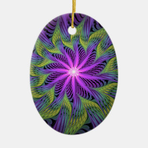 Adorno De Cerámica Flor moderna abstracta arte fractal verde púrpura