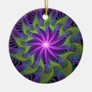 Adorno De Cerámica Flor moderna abstracta fractal de Purple Green
