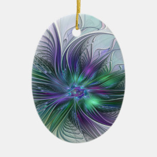 Adorno De Cerámica Flor moderna abstracta fractal verde morado