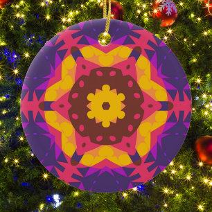 Adorno De Cerámica Flor retro Mandala rosa morado y amarillo